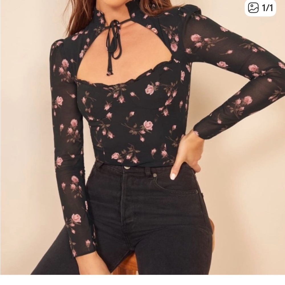 Reformation Black and Pink Floral Blouse